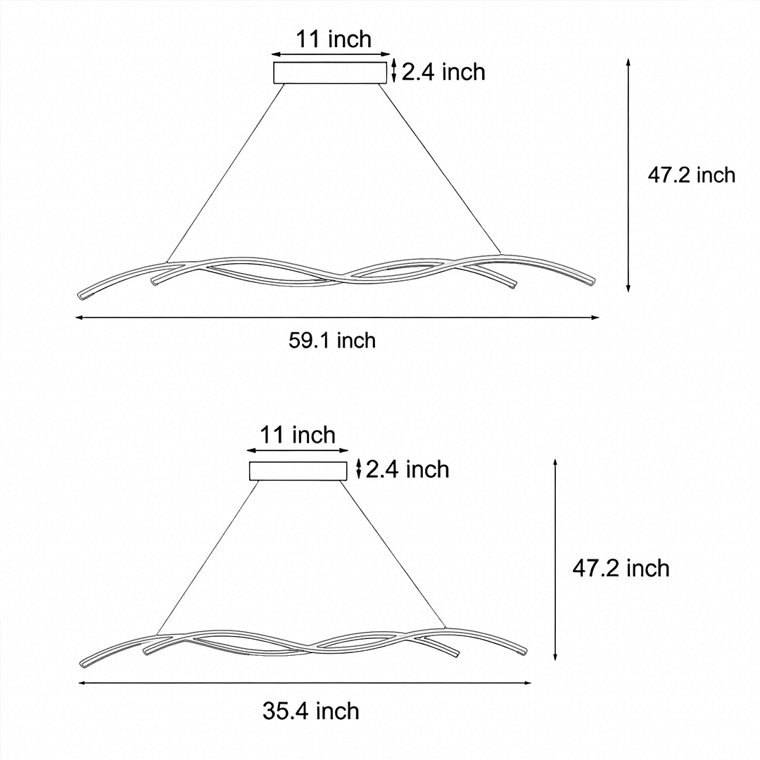 Two specifications and dimensions of modern wave led pendant light. Product dimensions.