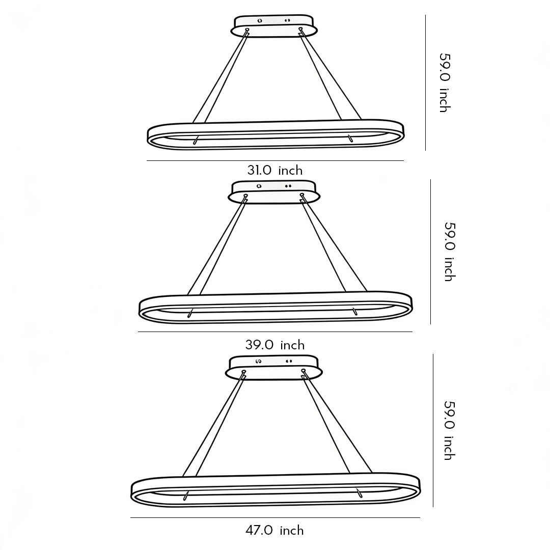 Product size chart of three specifications of oval led pendant light​​