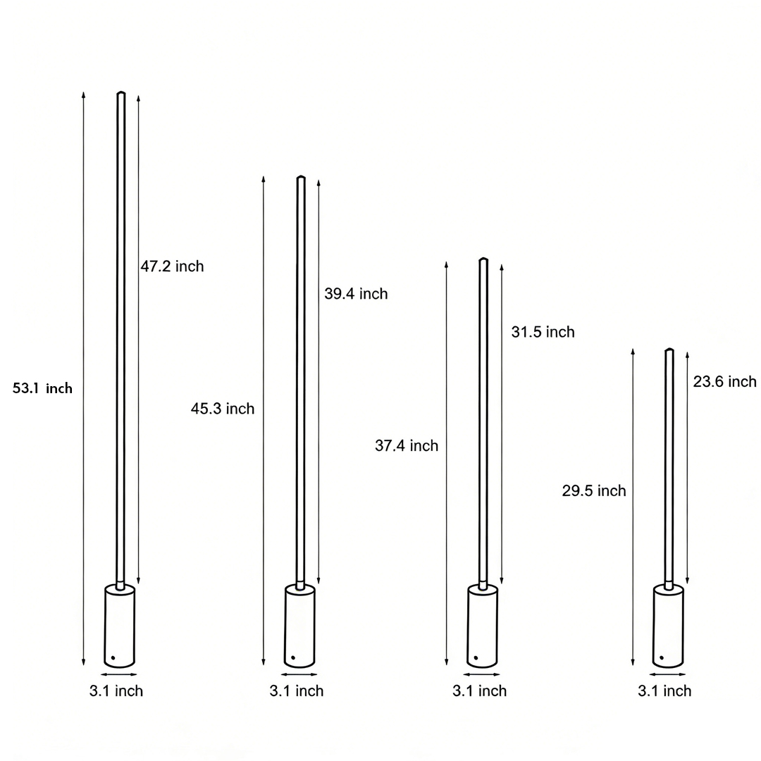 Four specifications and dimensions of contemporary outdoor floor lamps. Product dimensions.
