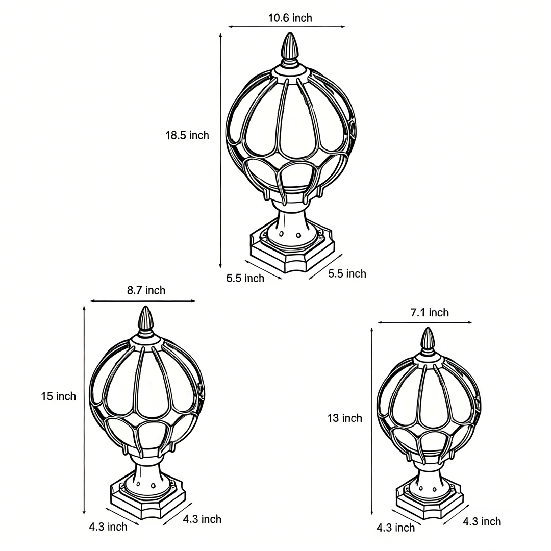 Product size chart of three specifications of outdoor globe pillar lights