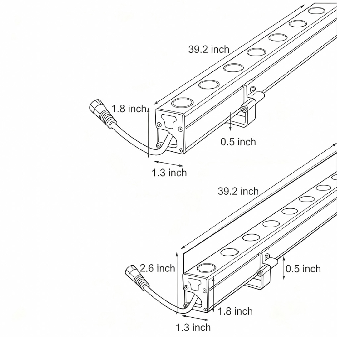 Two specifications and dimension drawings of facade wall washer light Product dimension drawing