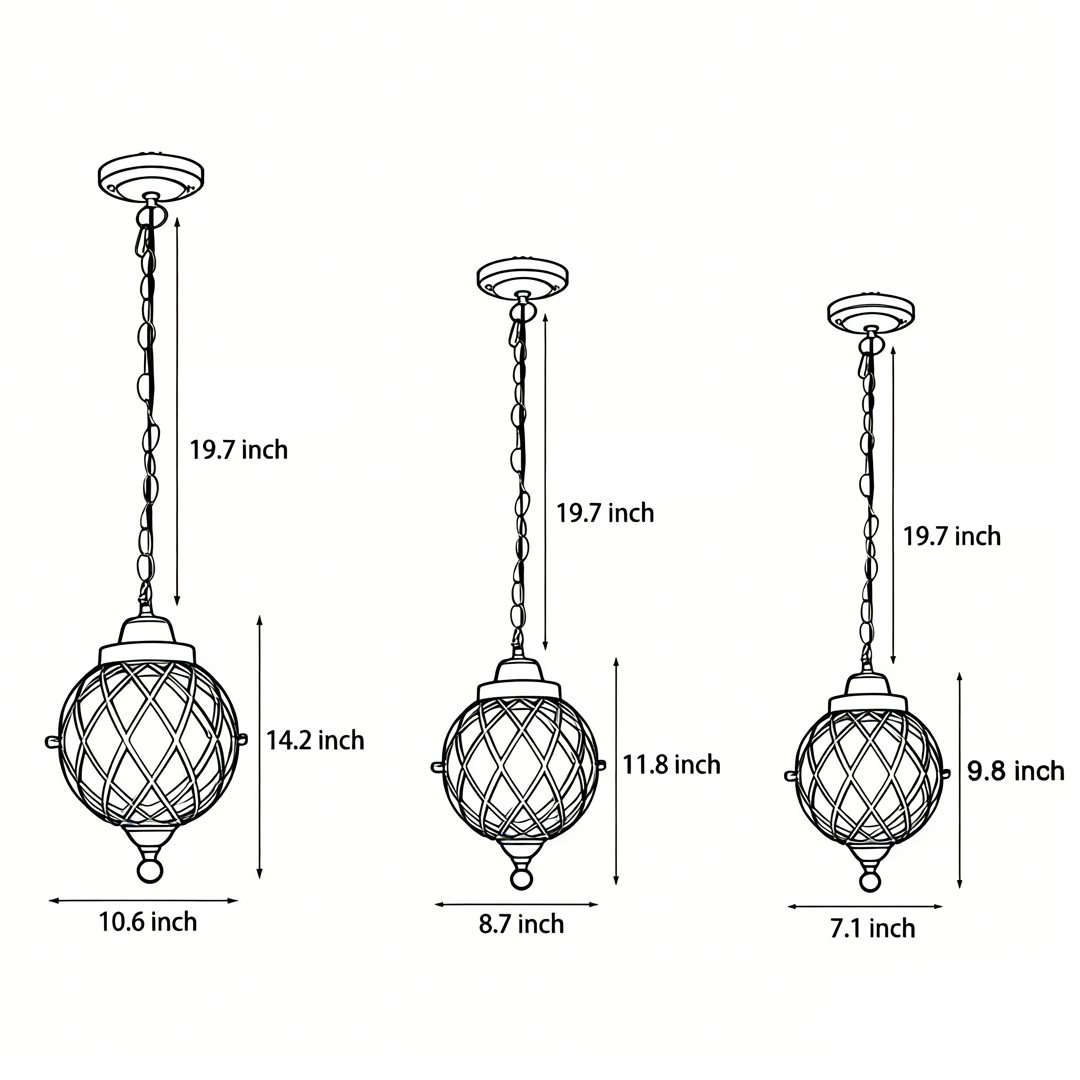 Product size drawings of three specifications of outdoor globe pendant light