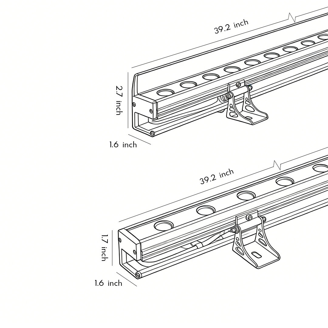 Product size drawings of two specifications of Linear LED wall washer