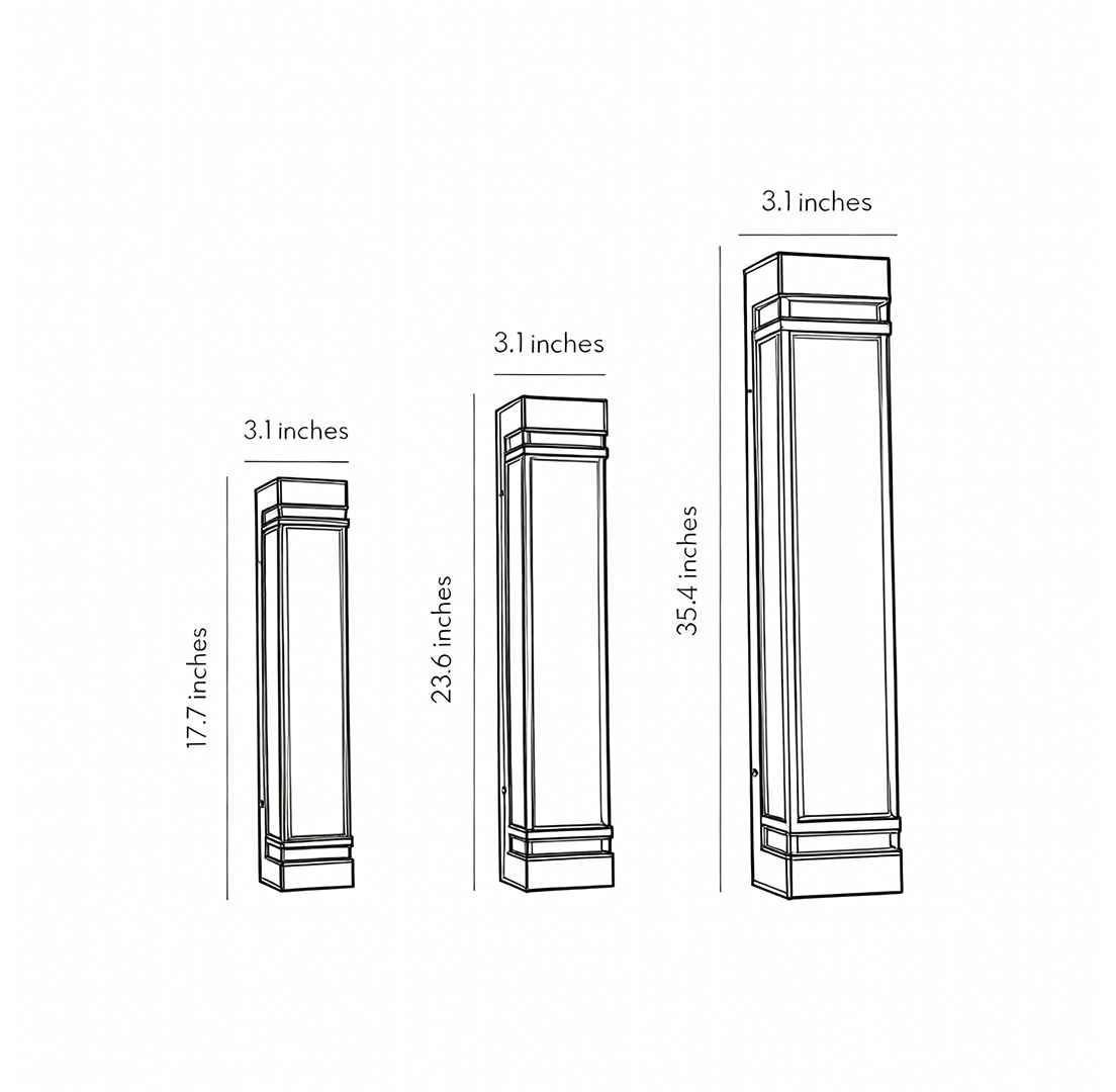 Product size drawings of three specifications of vertical wall lighting