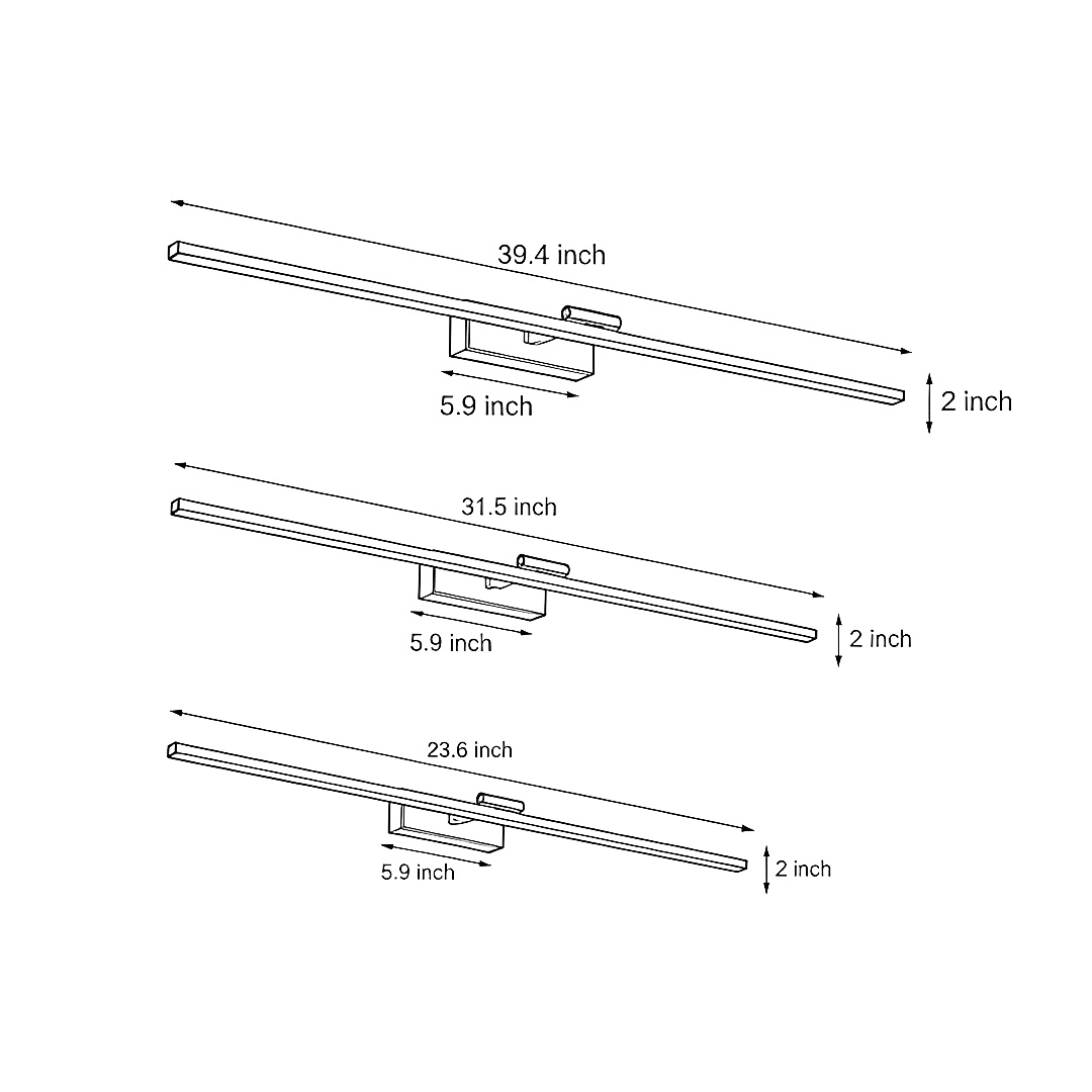 Product size diagram of three specifications of vanity led lights for mirror