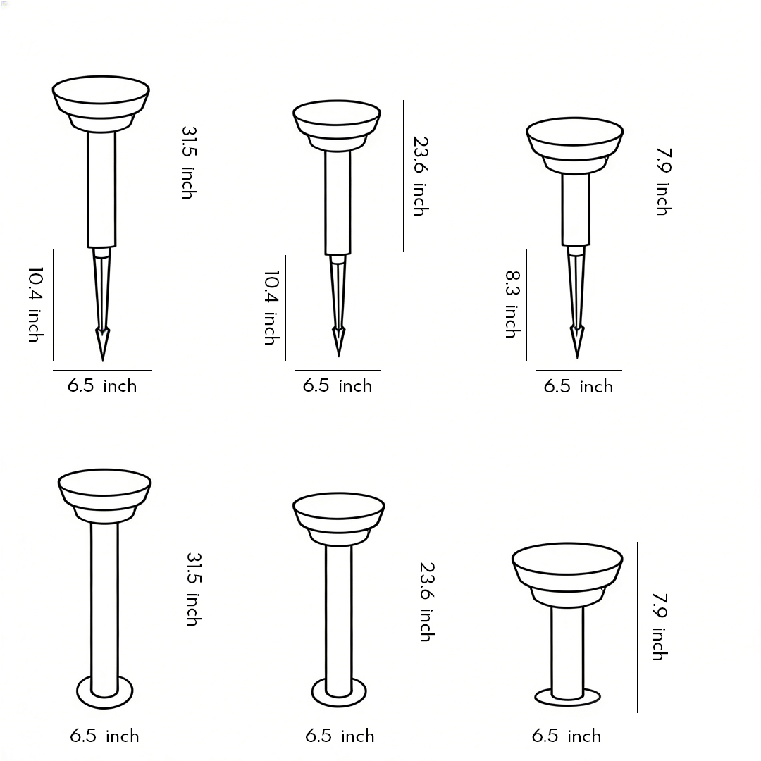 Product size drawings of six specifications of solar powered garden path lights