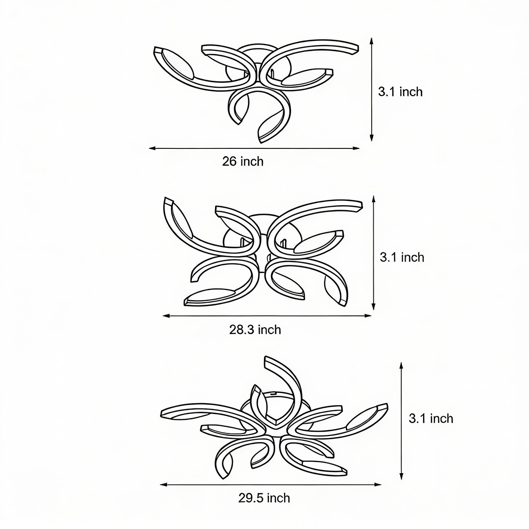 Leaf ceiling light Product size chart of three specifications