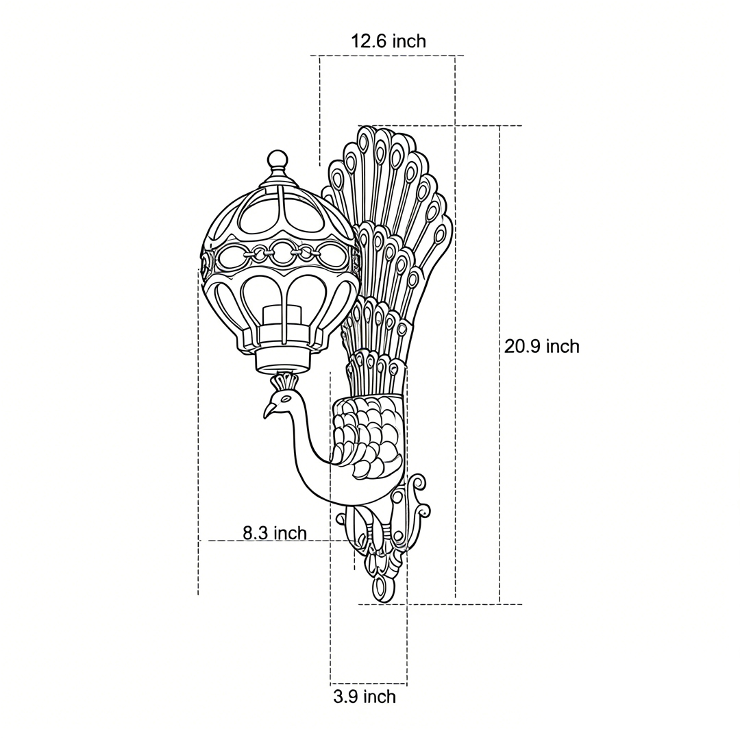 Product size chart of peacock wall light 3.9inch*20.9inch*8.3inch*12.6inch