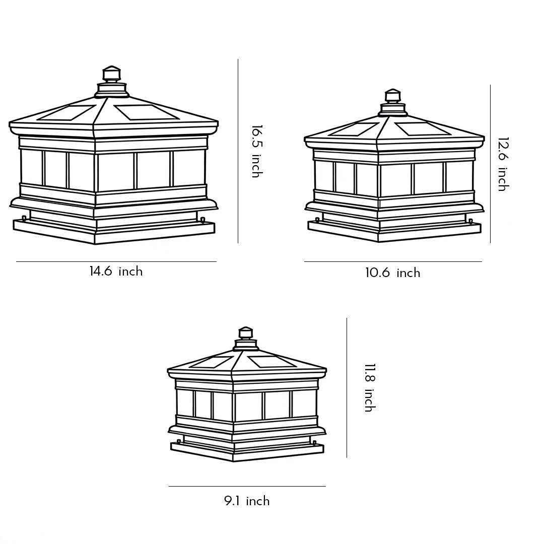 Product size drawings of three specifications of solar column pillar lights​