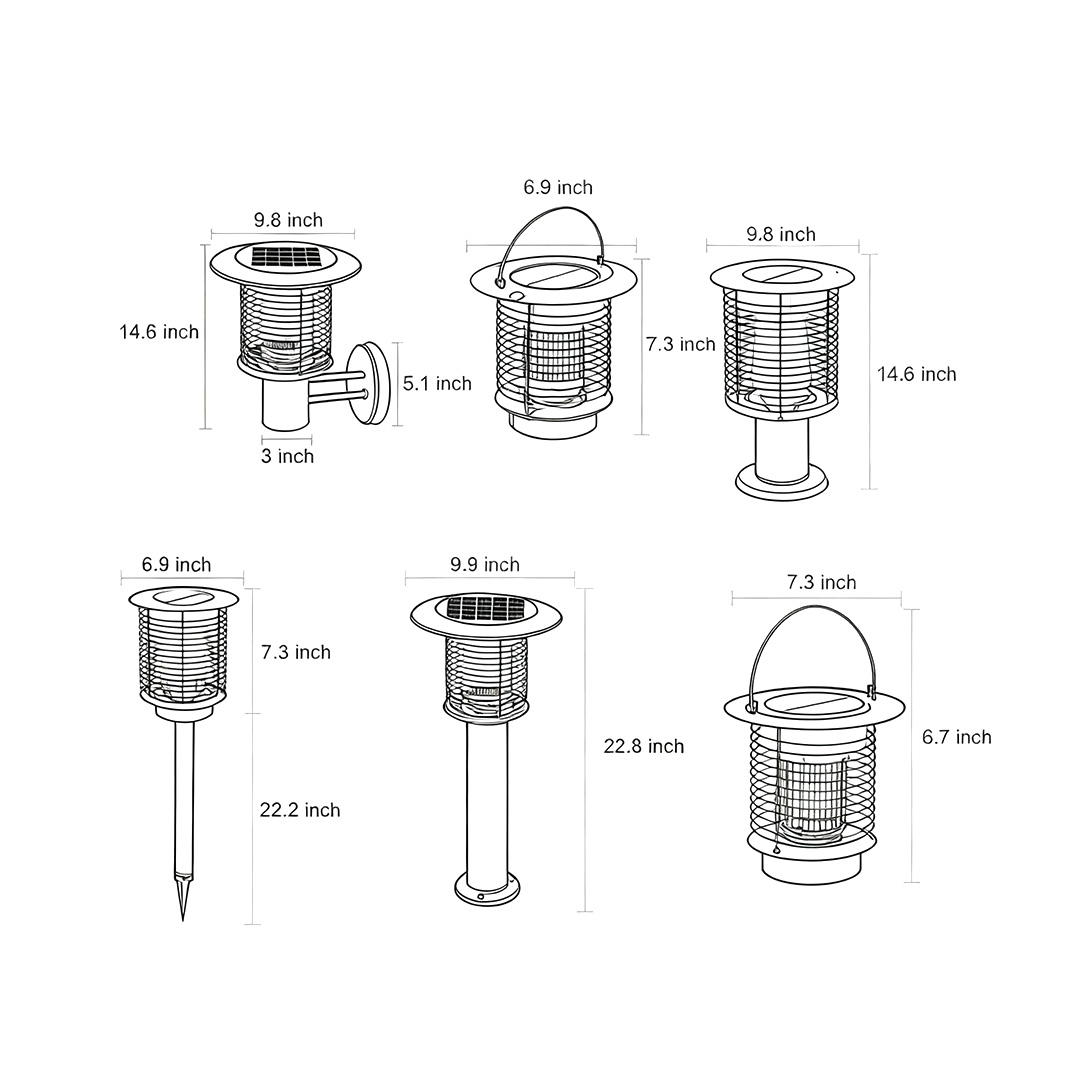 Product size diagram of six specifications of solar light bug zapper