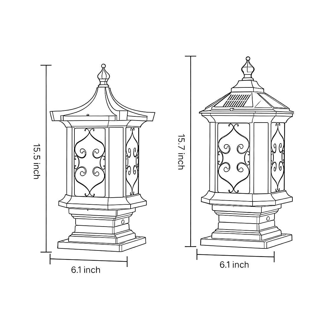 Product size drawings of two specifications of outdoor gate pillar lights