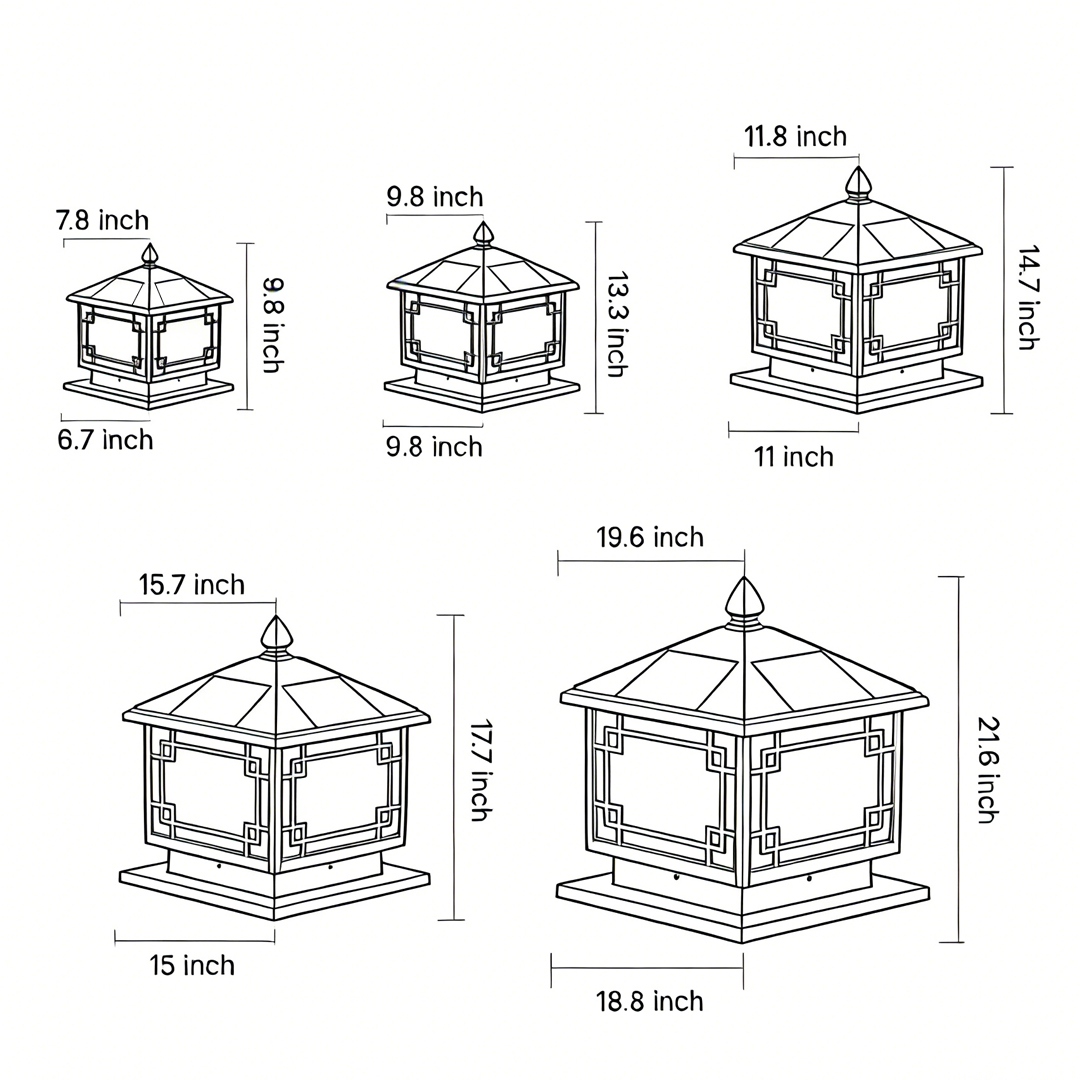 Product size diagram of five specifications of outdoor garden pillar lights
