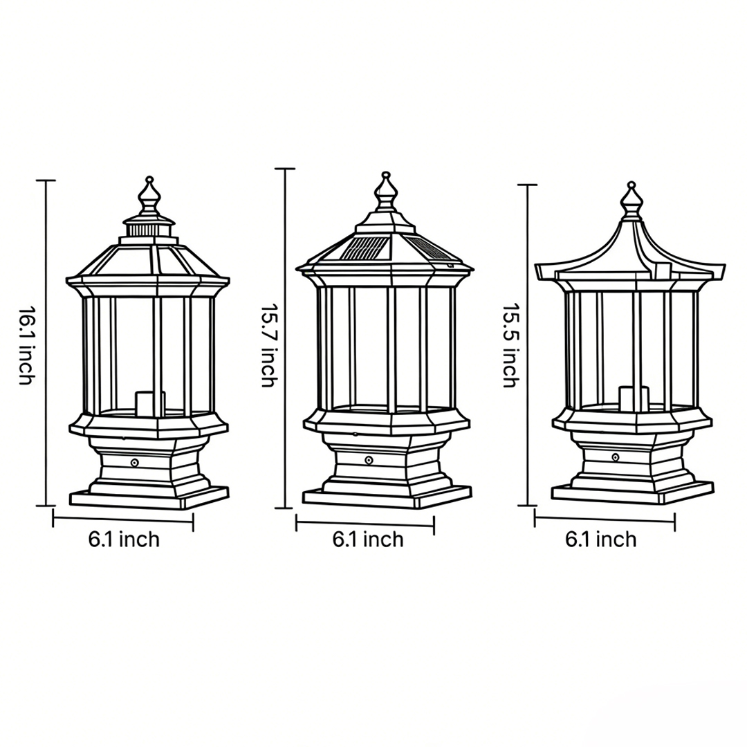 Product size drawings of three specifications of lantern pillar lights