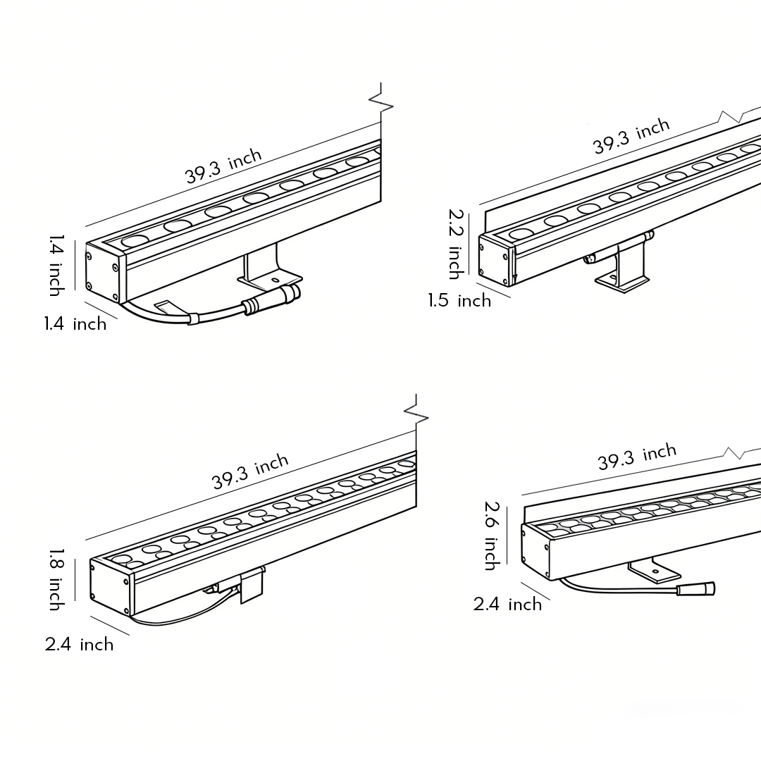 Dimensional drawings of four specifications of led wall washer light