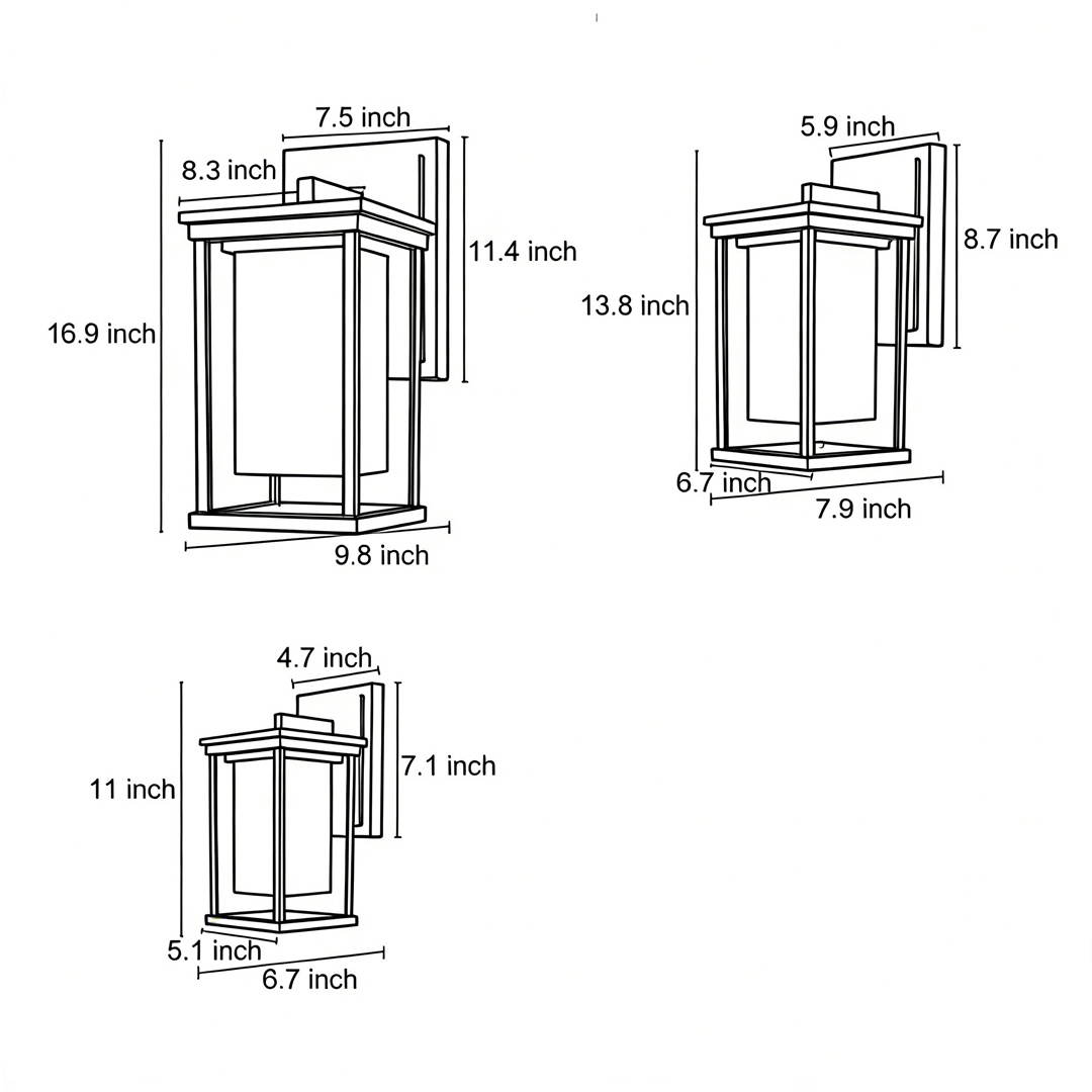 Dimensional drawings of three specifications of outdoor wall mounted light