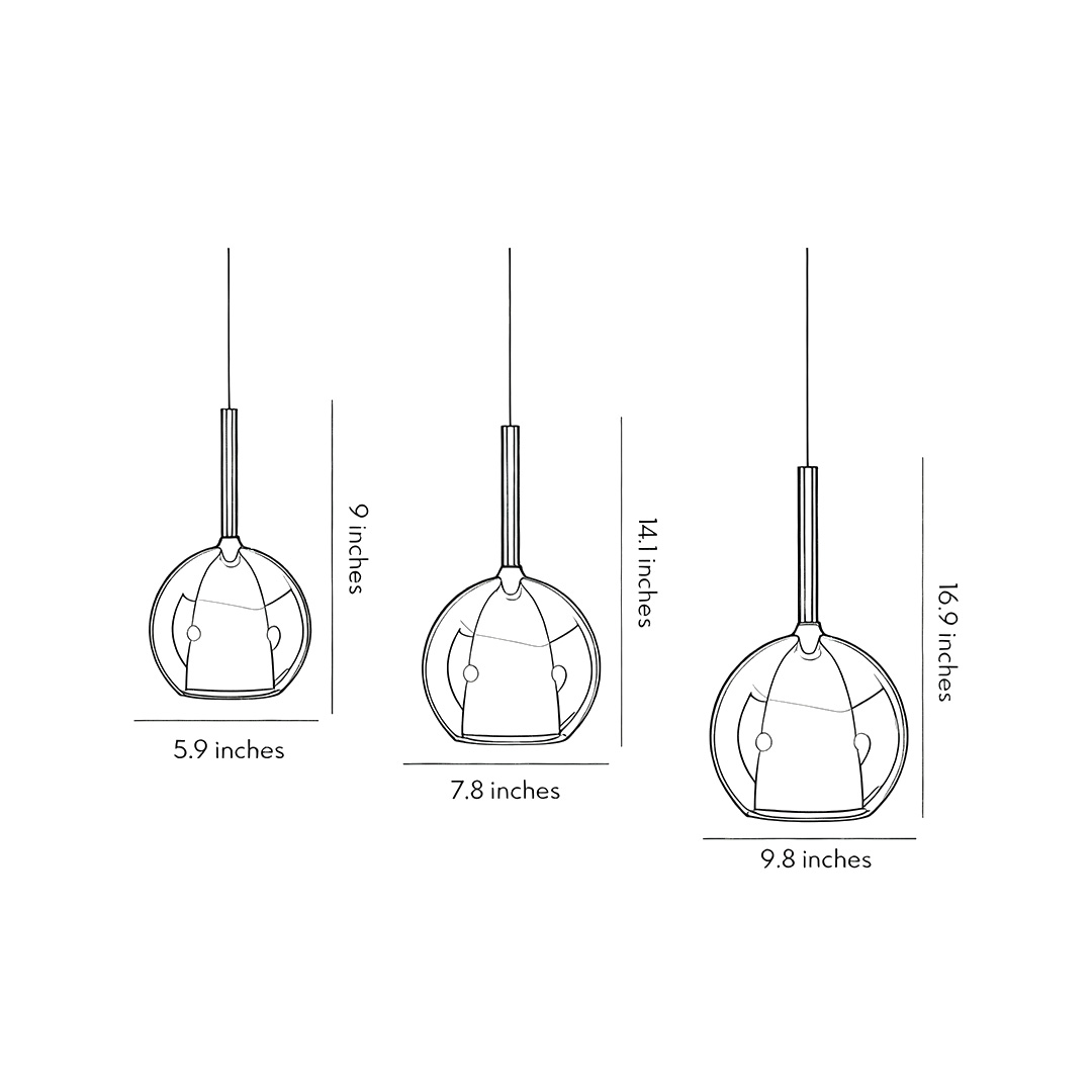 Dimensional drawings of four specifications of glass ball pendant light