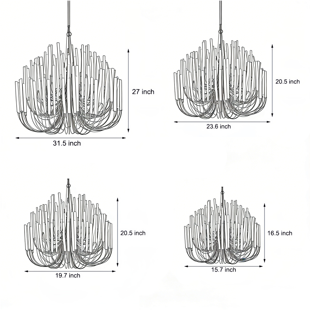 Size chart of three specifications of Organic stick chandelier