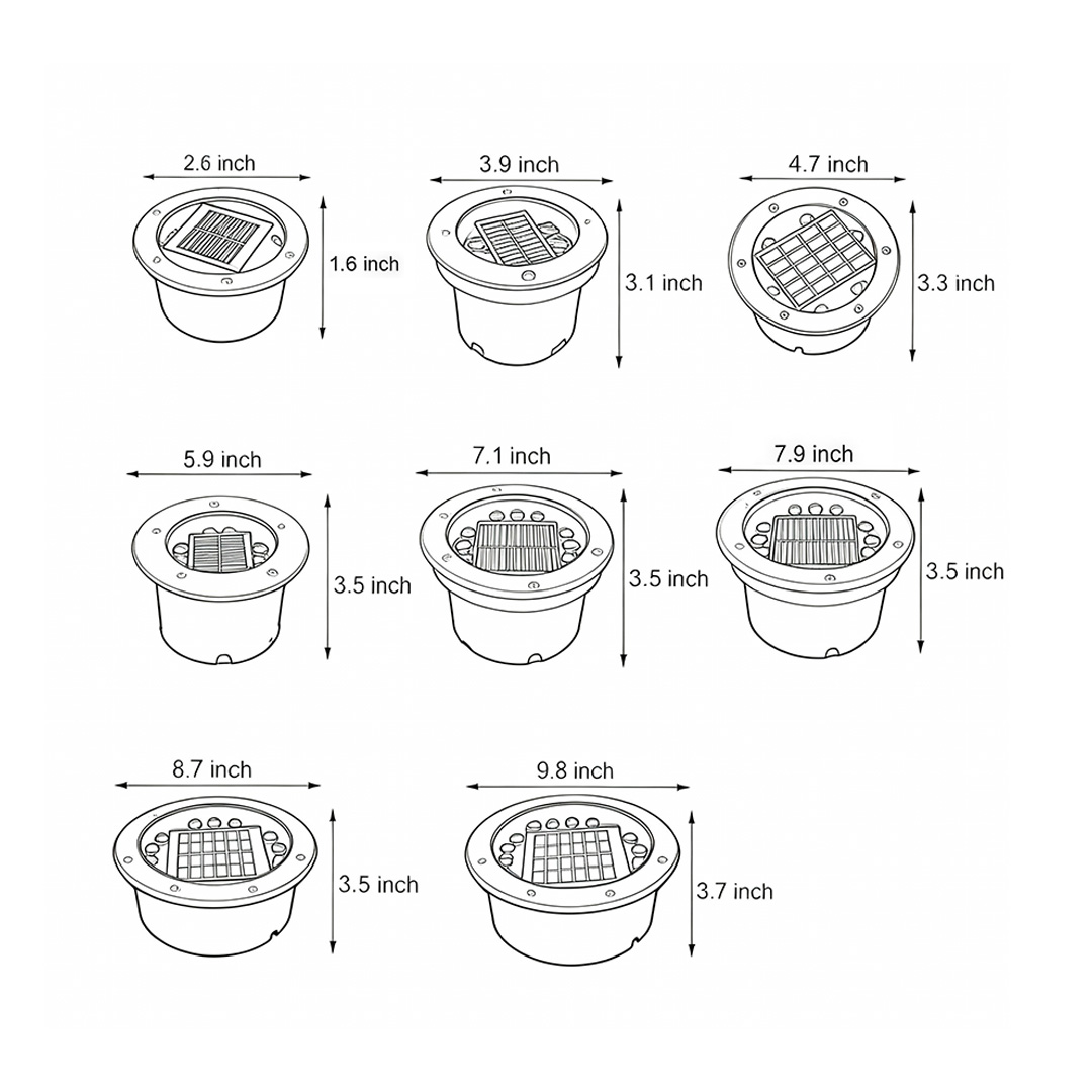Dimensional drawings of eight specifications of recessed floor lighting
