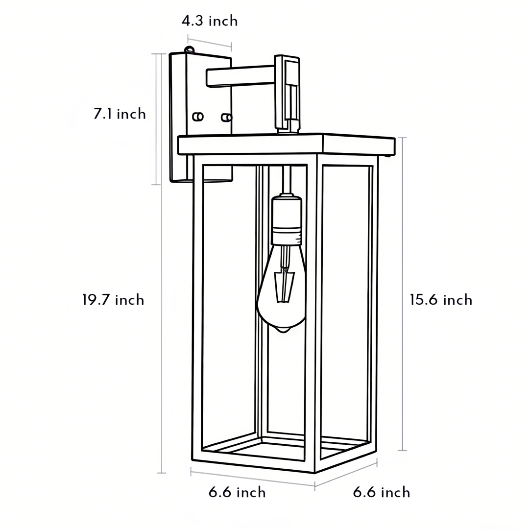 Product size drawing of exterior lantern wall lights 6.6*6.6*15.6*19.7inch