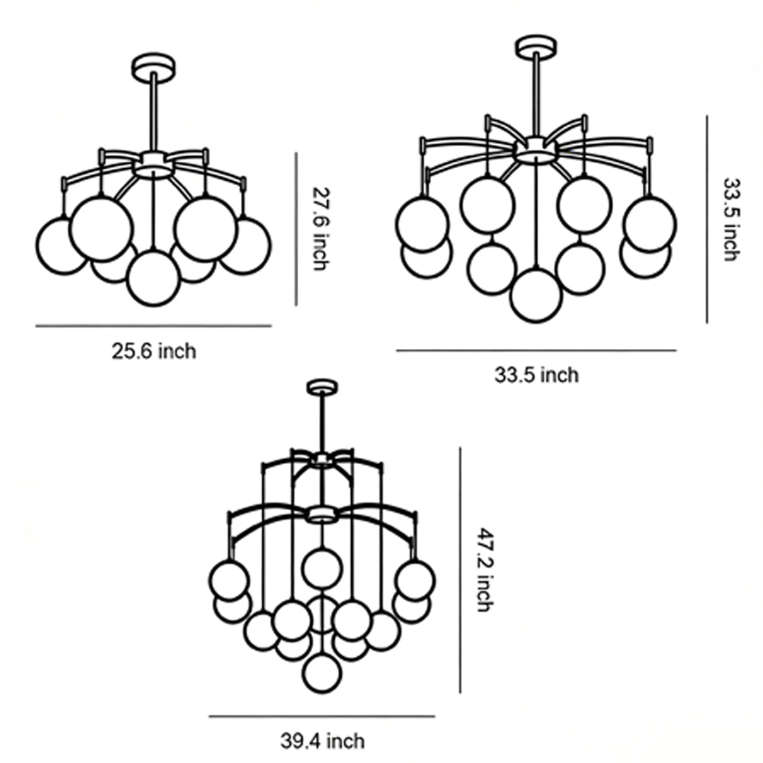 Product size drawings of three specifications of modern ball glass chandelier