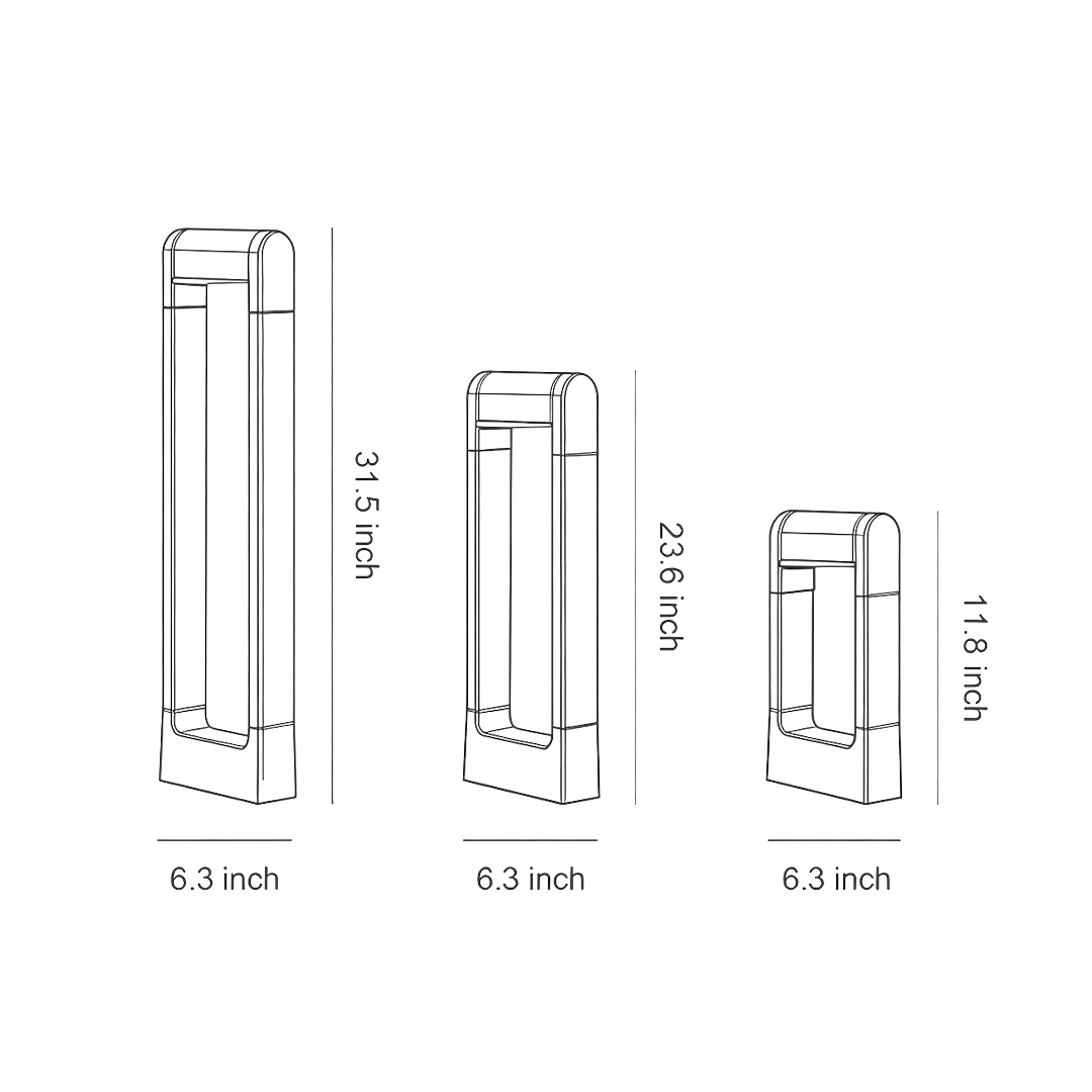 Dimensions of three products of pathway bollard lights
