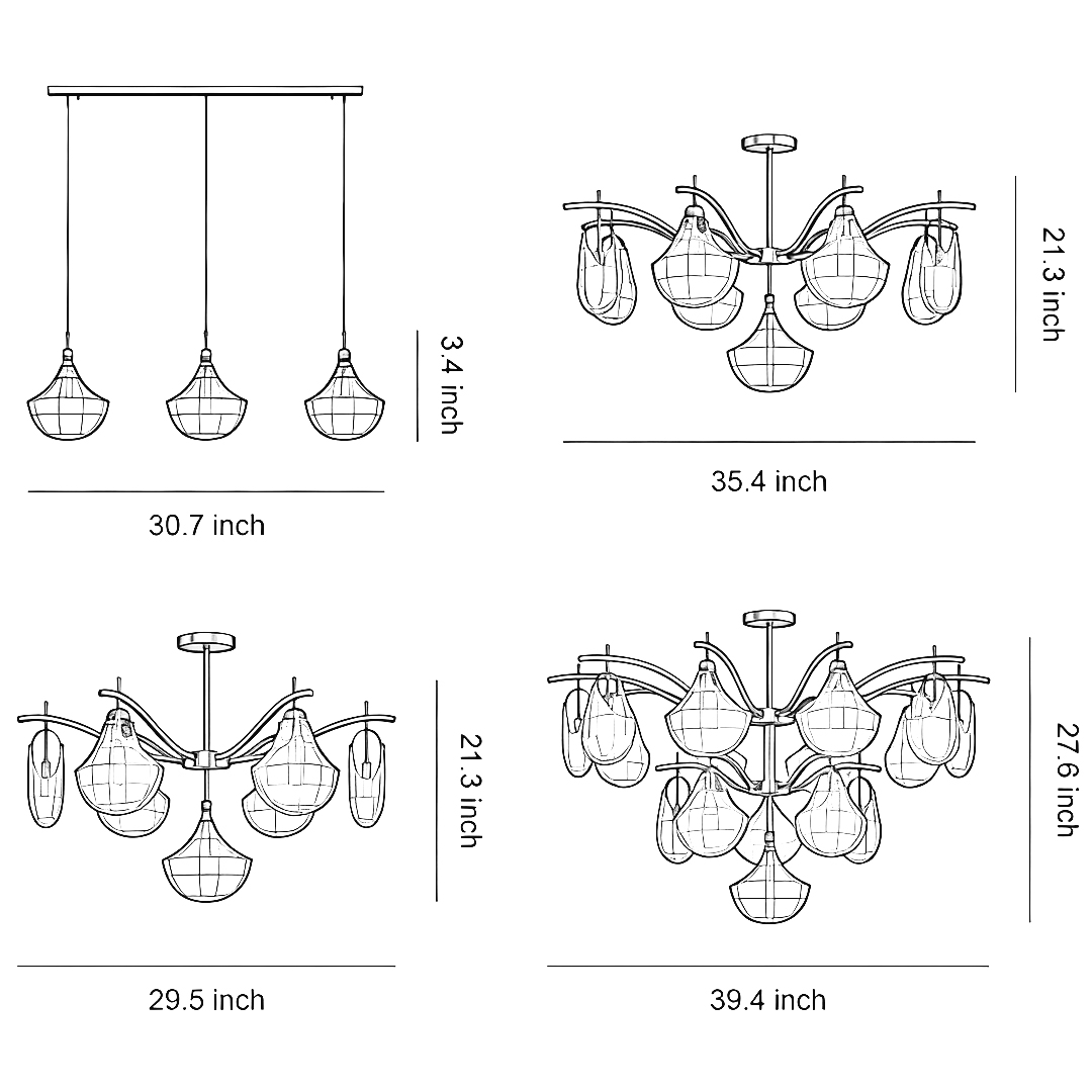 Product size drawings of four specifications of shell chandelier light