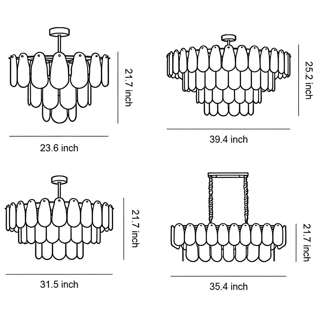 Product size diagrams of four specifications of midcentury modern chandelier