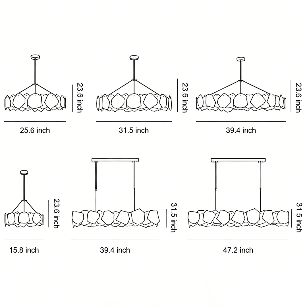Product size drawings of liu specifications of modern led chandelier
