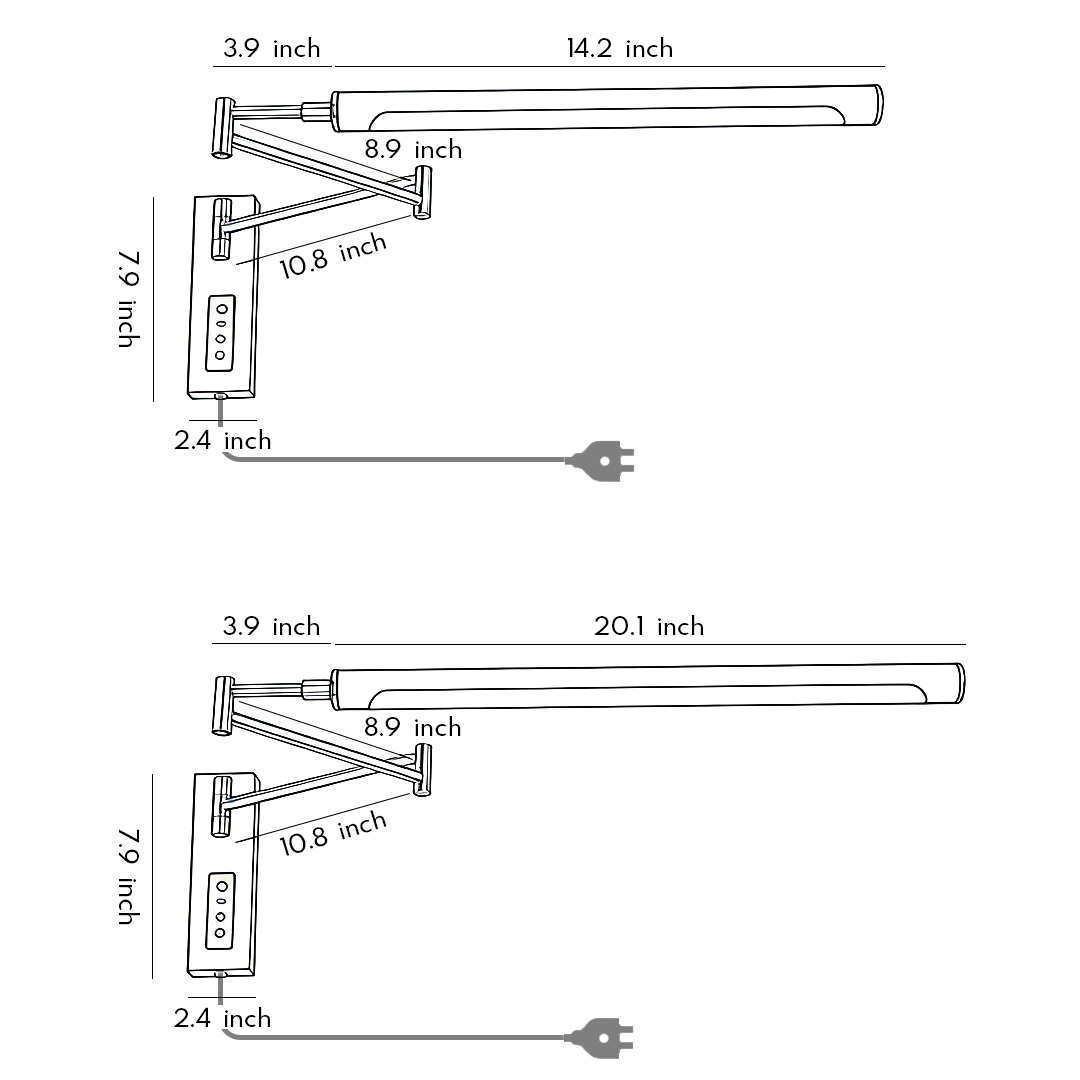 Dimensional drawings of two products of swing wall light