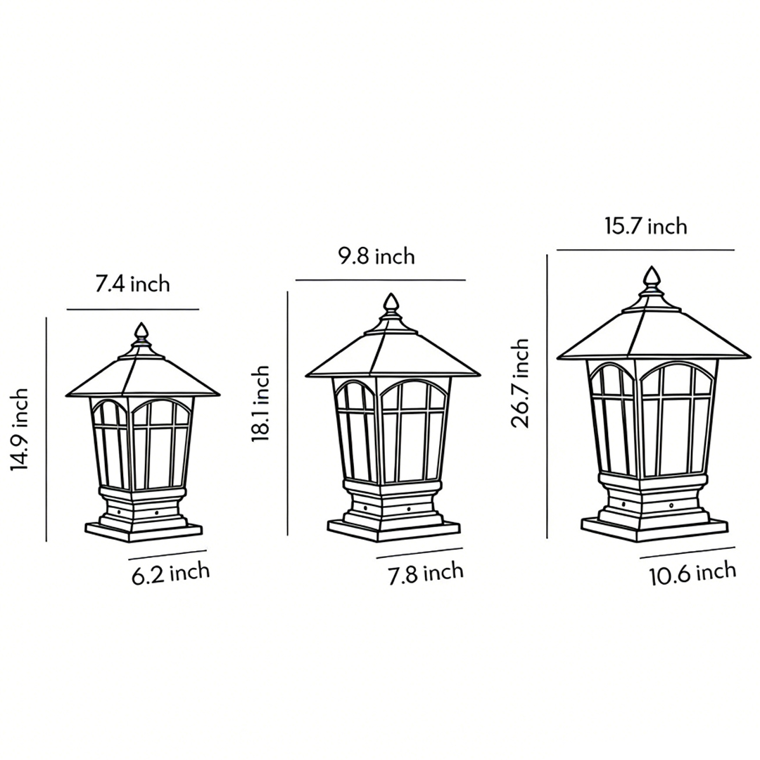 Product dimension diagrams for three sizes of large outdoor pillar lights