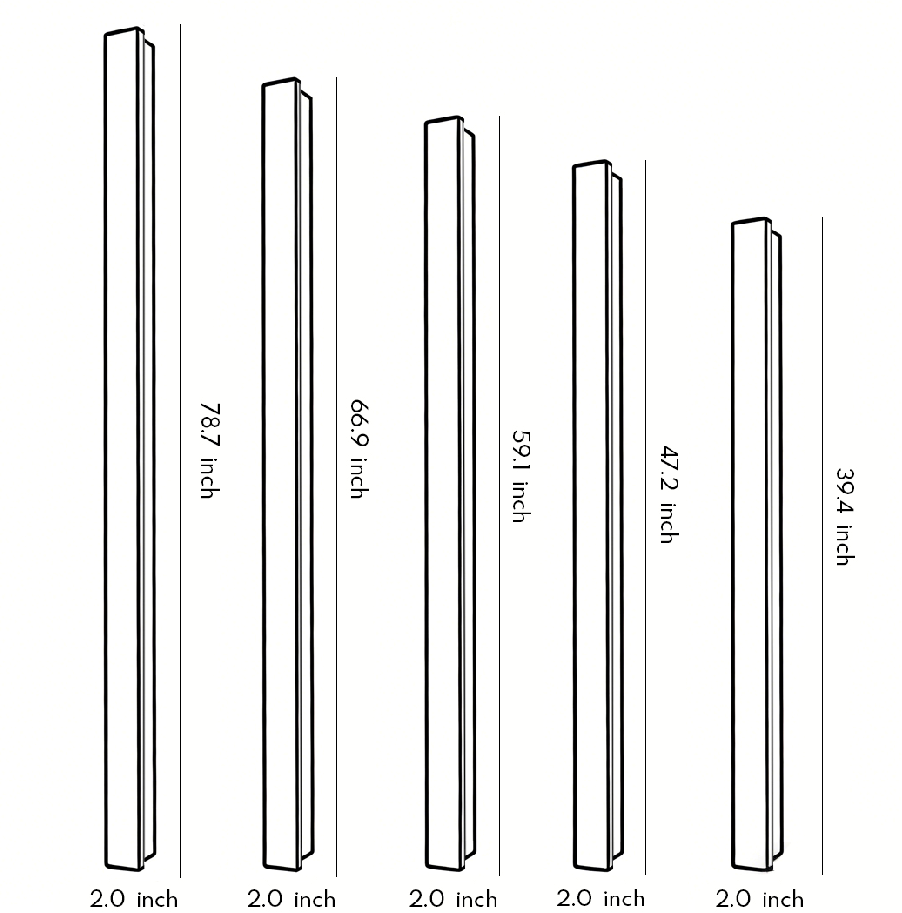 Product dimension diagrams for five specifications of long black outdoor lights