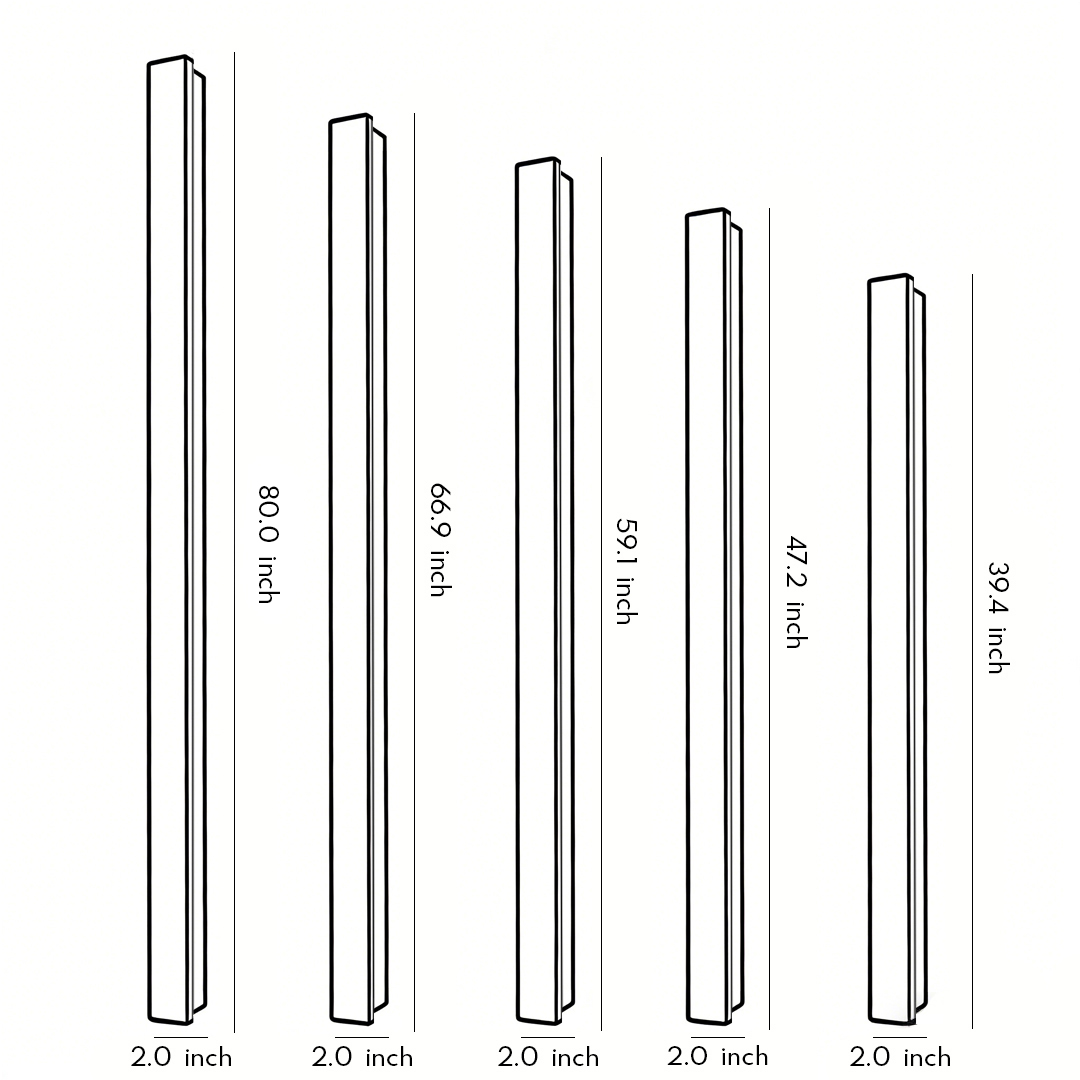 Product dimension diagrams for five specifications of long outdoor wall lights