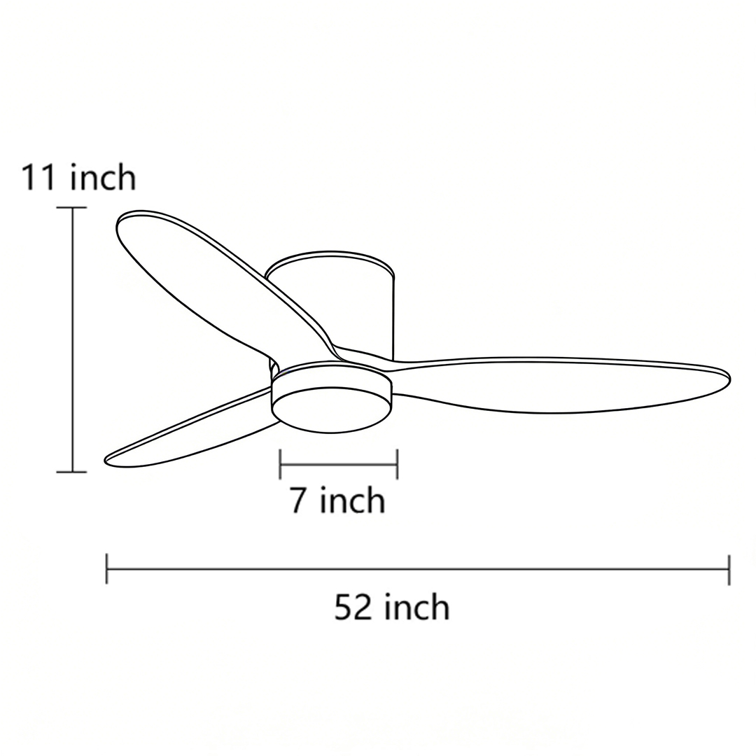 Product dimension diagrams for natural wood ceiling fan with light 11inch*52inch