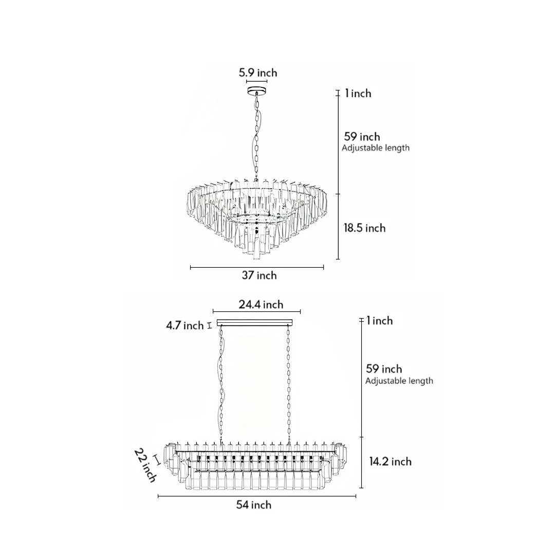 Product size diagrams for two specifications of glass pendant chandelier