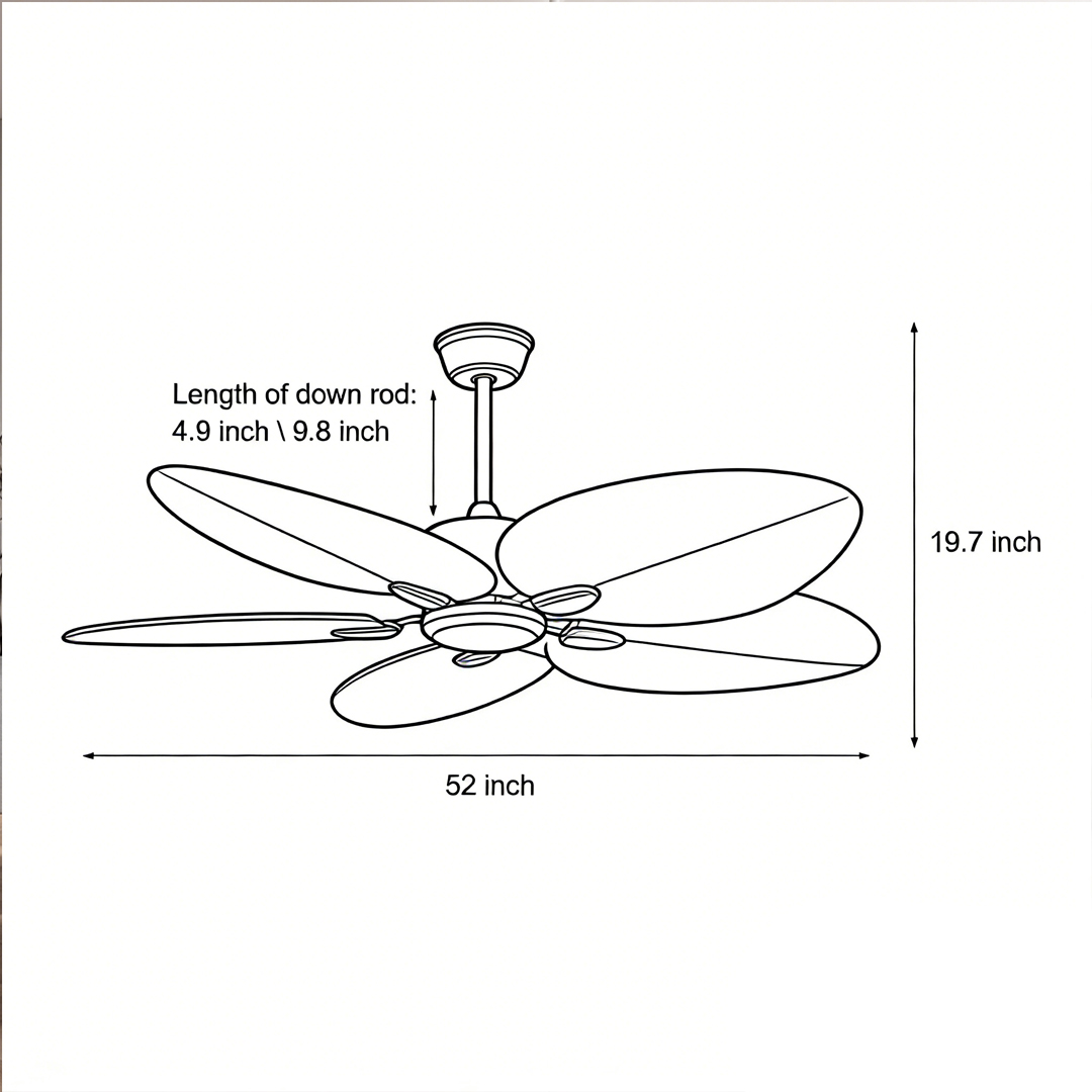 Product size diagrams for Palm Frond Ceiling Fan 52inch*19.7inch