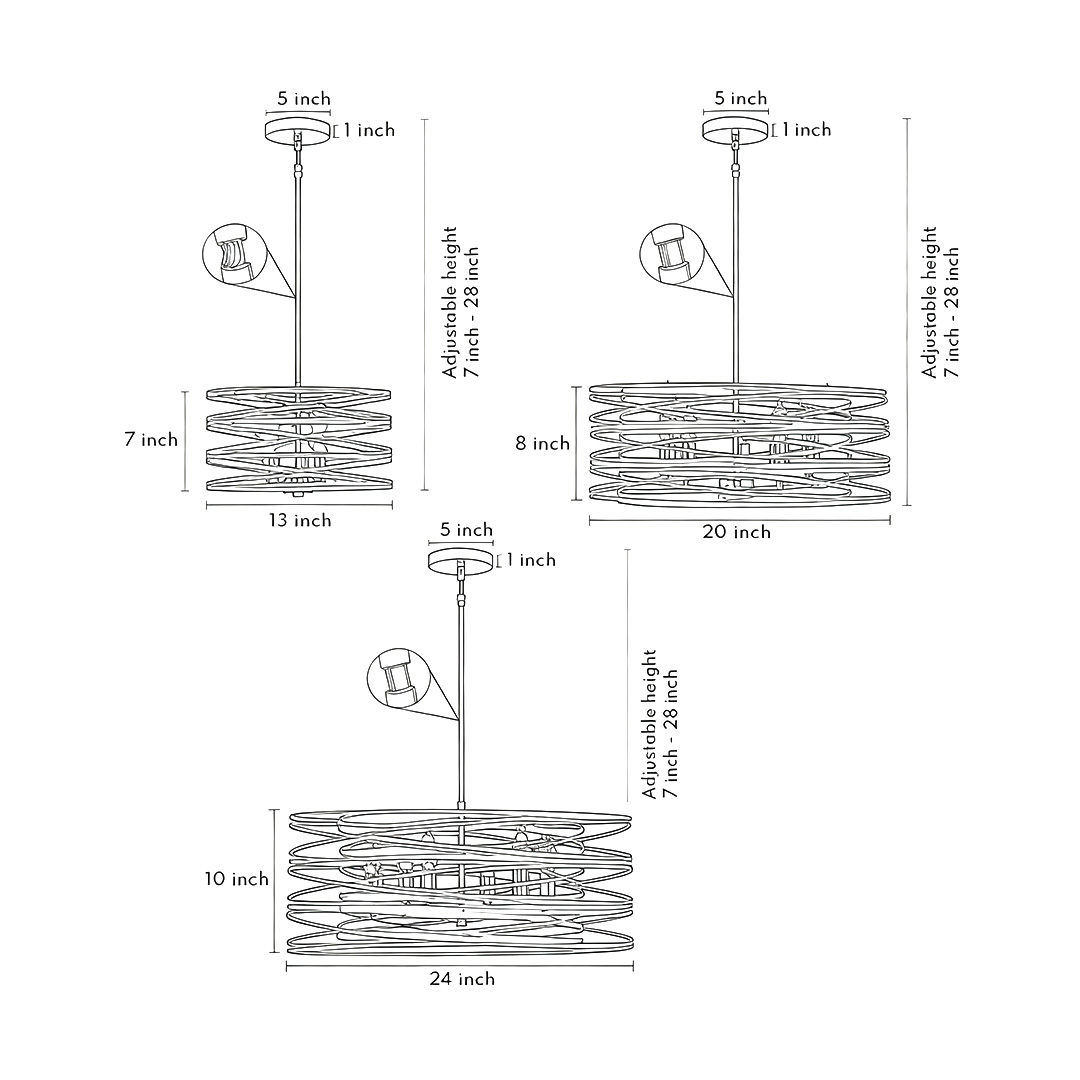 Product size chart for the three sizes of the black drum pendant light