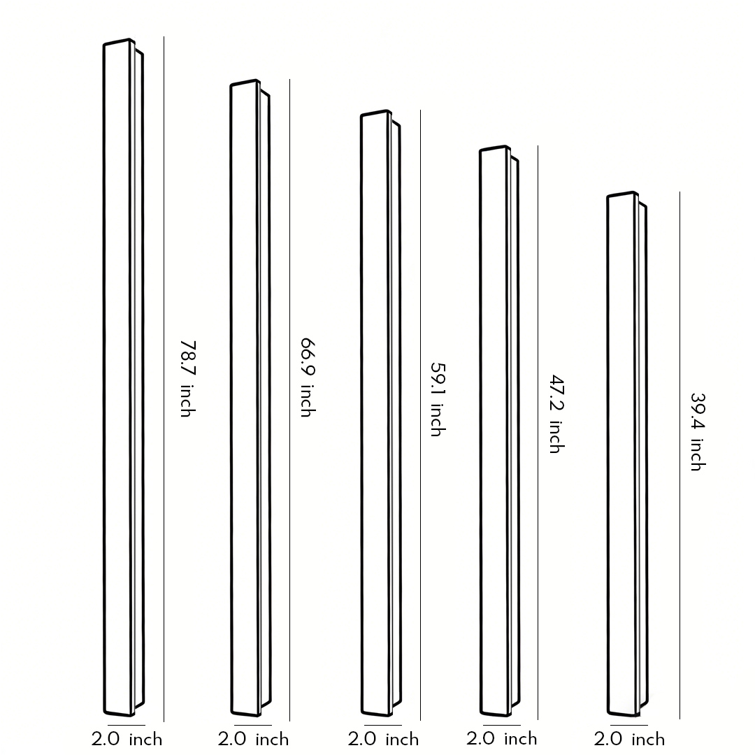 Product dimension diagrams for five specifications of linear outdoor wall sconces