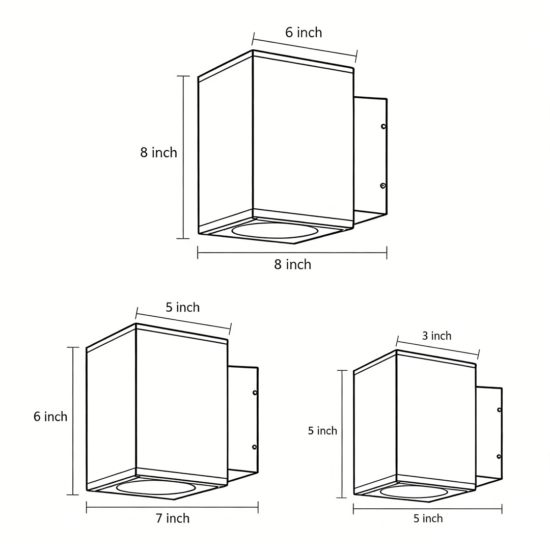 Three product structure dimension drawings of wall sconces with upward and downward lighting