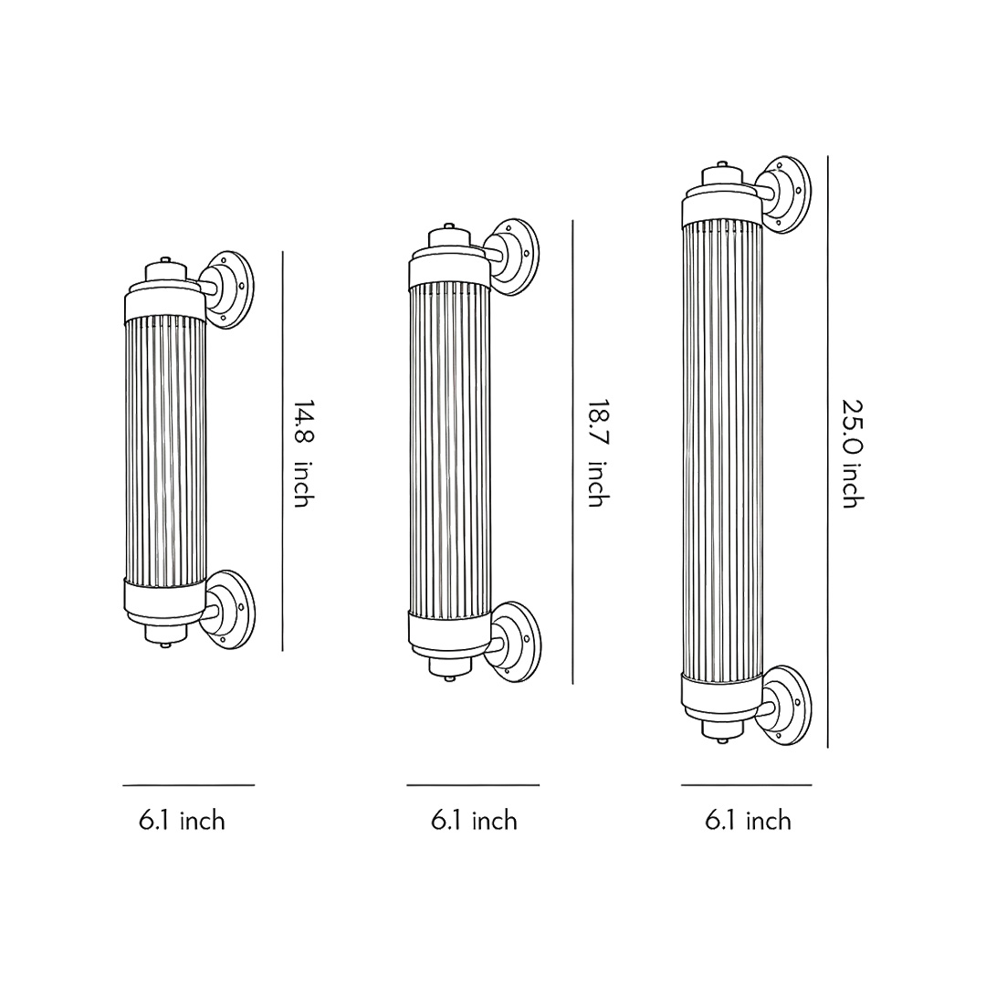 Product dimension diagrams for three specifications of outdoor wall-mounted LED lighting
