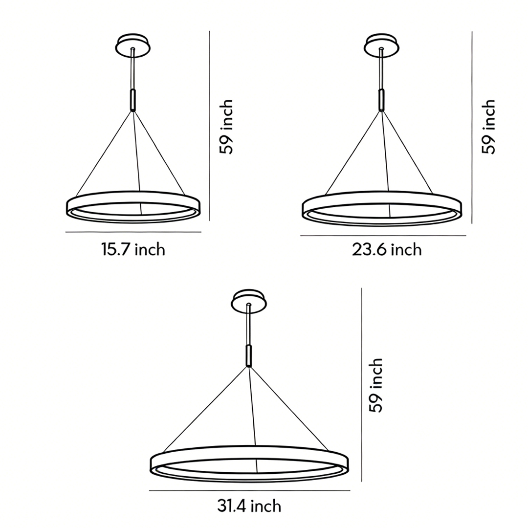 Product size diagrams for three specifications of vmodern ring chandelier