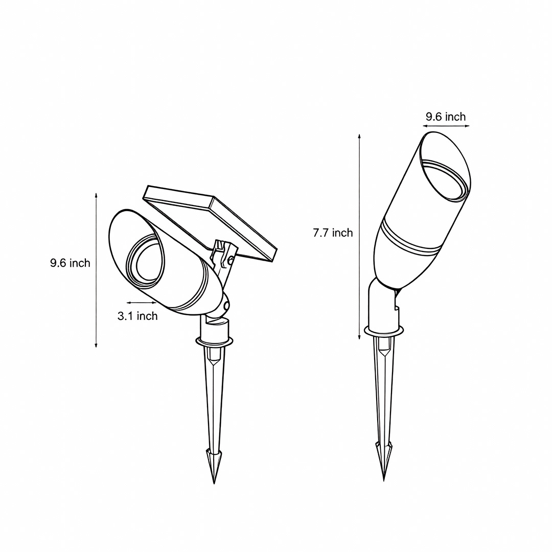 Two product structure dimension drawings for solar spotlights for trees