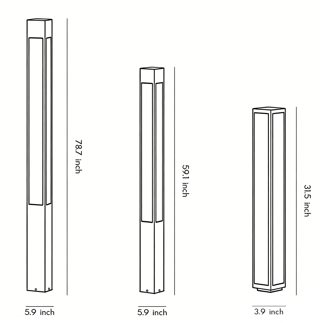 Three product structure dimension drawings for garden bollard lights