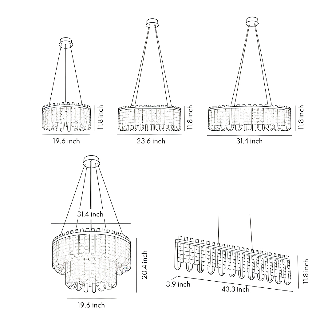 Crystal Chandelier Modern: Product size diagrams for five specifications