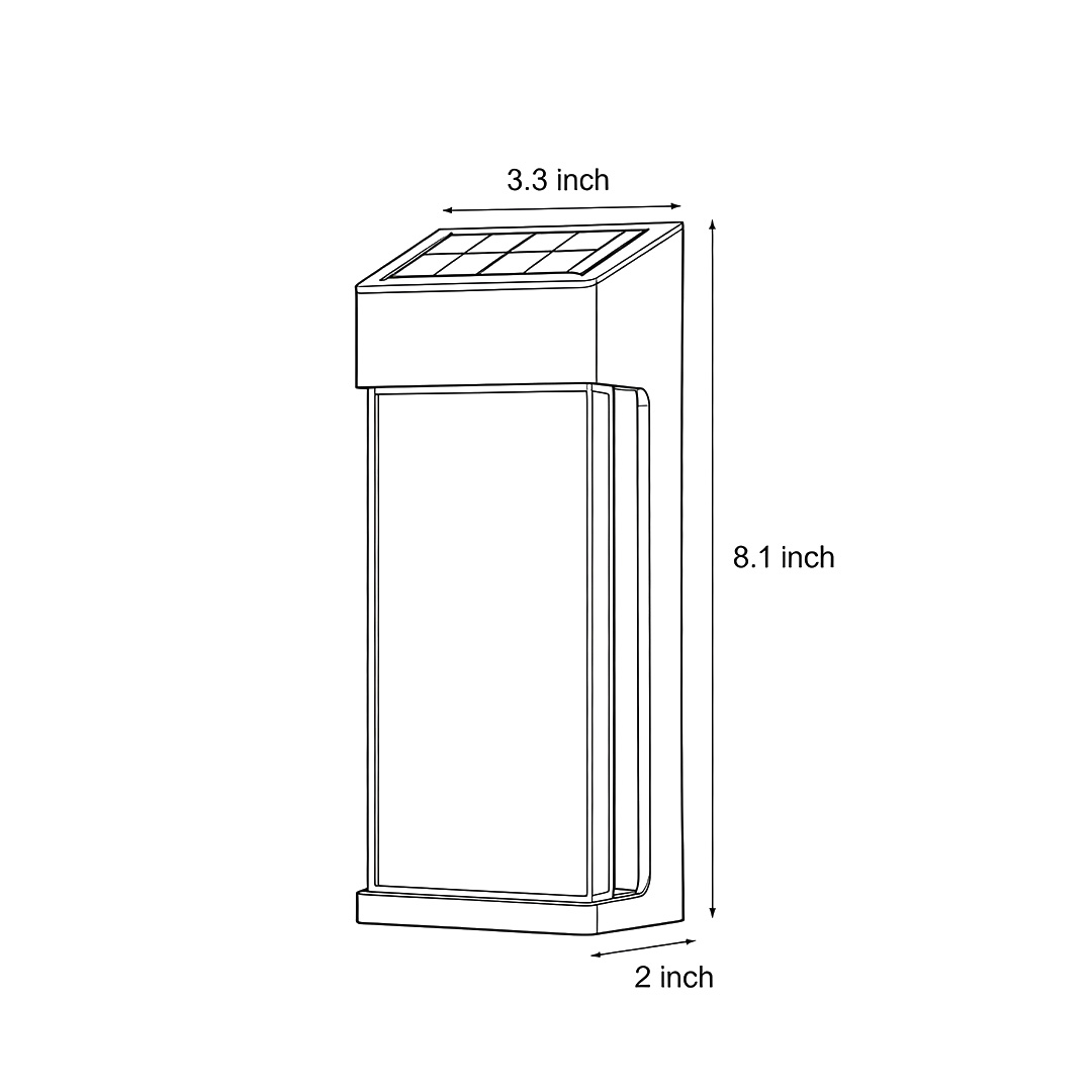 Product size diagrams for solar-powered outdoor Sconces 3.3inch*2inch*8.1inch