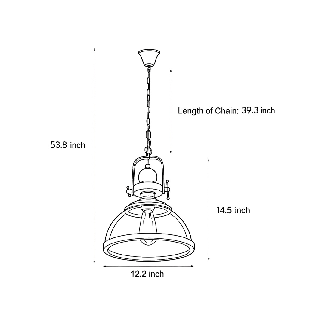 Product dimension diagrams for clear glass pendant lighting 53.8inch*12.2inch*14.5inch