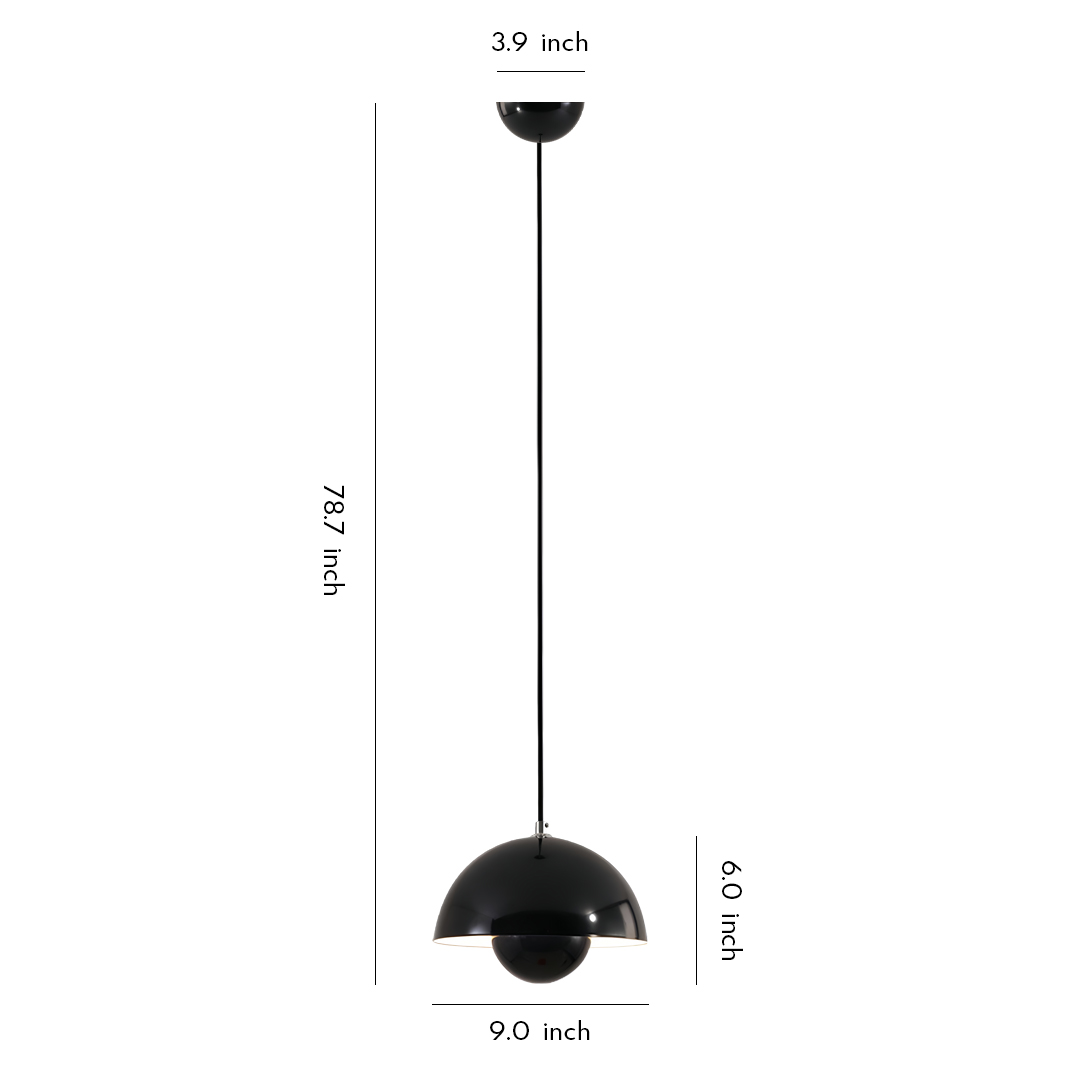 Product dimensions diagram for the metal dome pendant light 9.0inch*6inch*78.7inch*3.9inch