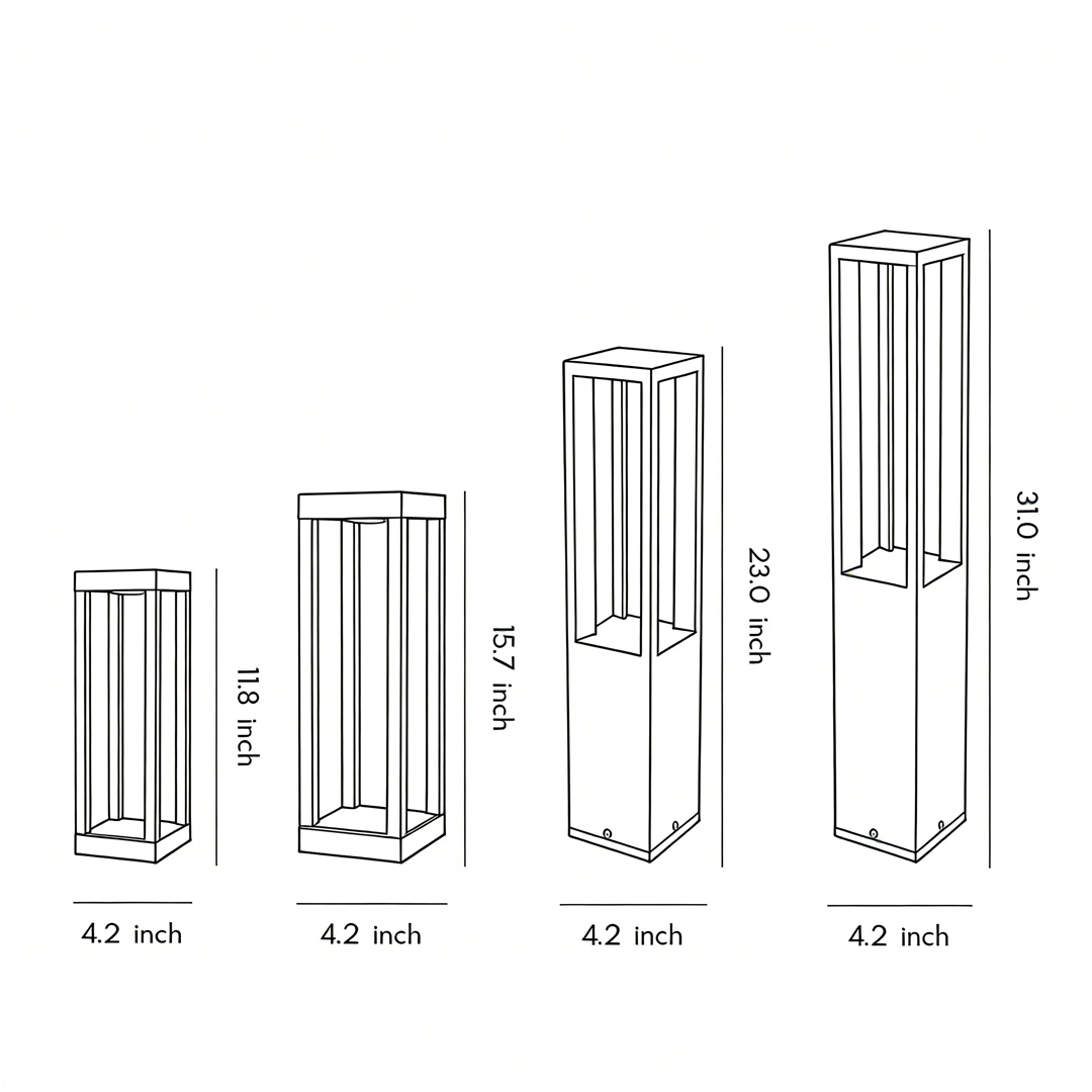 Dimensional drawings of four specifications of LED bollard garden lights