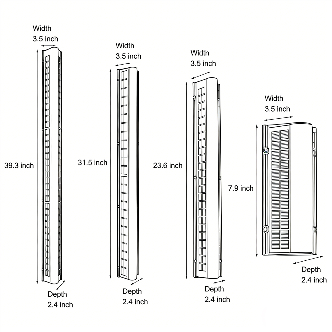 Product dimension diagrams for four specifications of LED wall solar lights