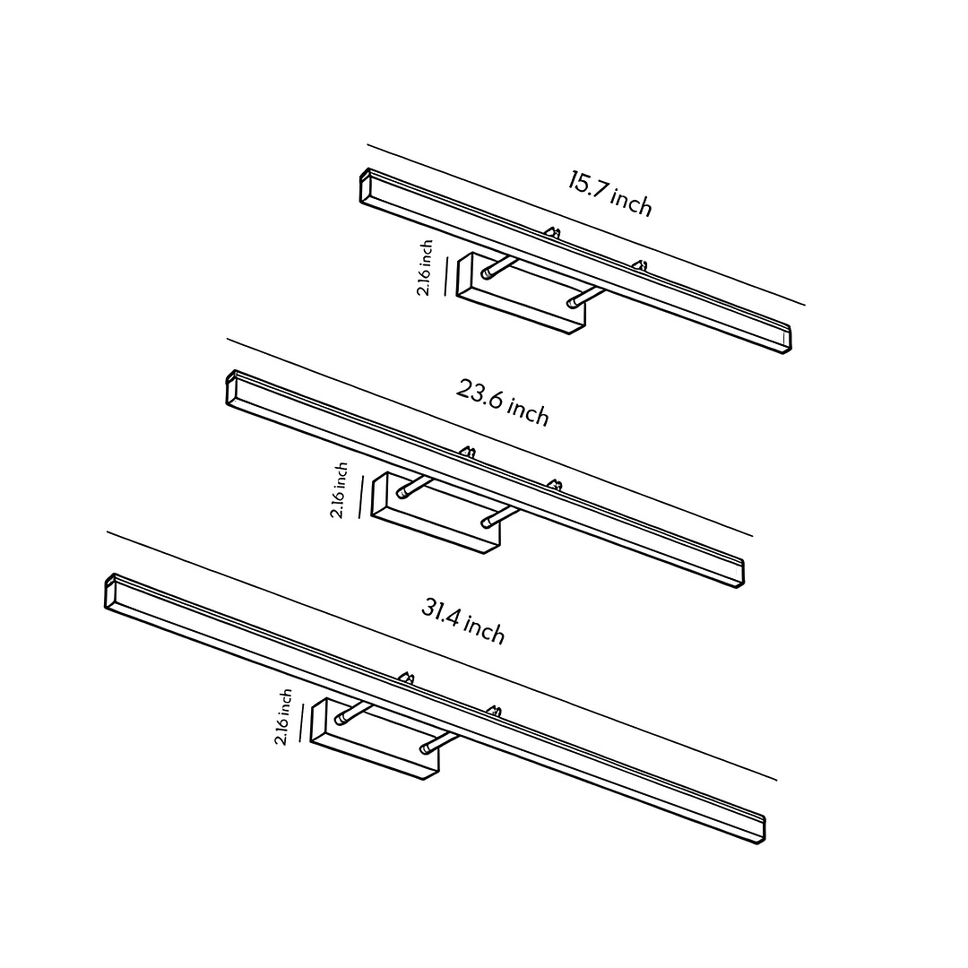 Dimensional drawings for three different sizes of gold bathroom vanity lights