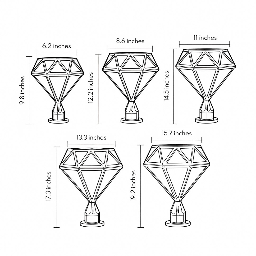 Dimensional drawings of five different specifications of modern outdoor pillar lights